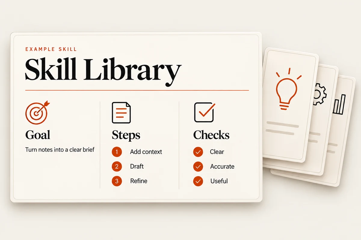 Example skill library with reusable instructions organised into goal, steps and checks