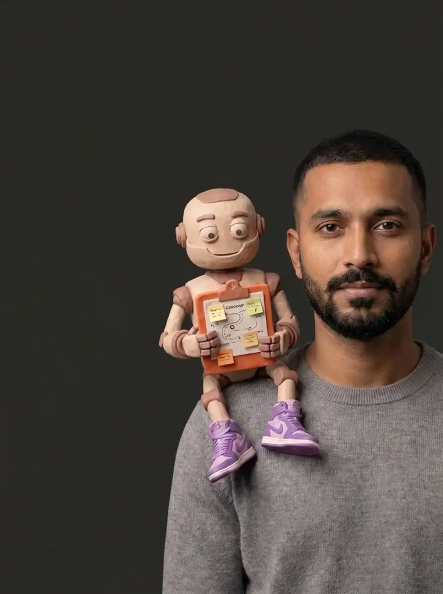 Clay illustration: Product managers working with their AI agent.